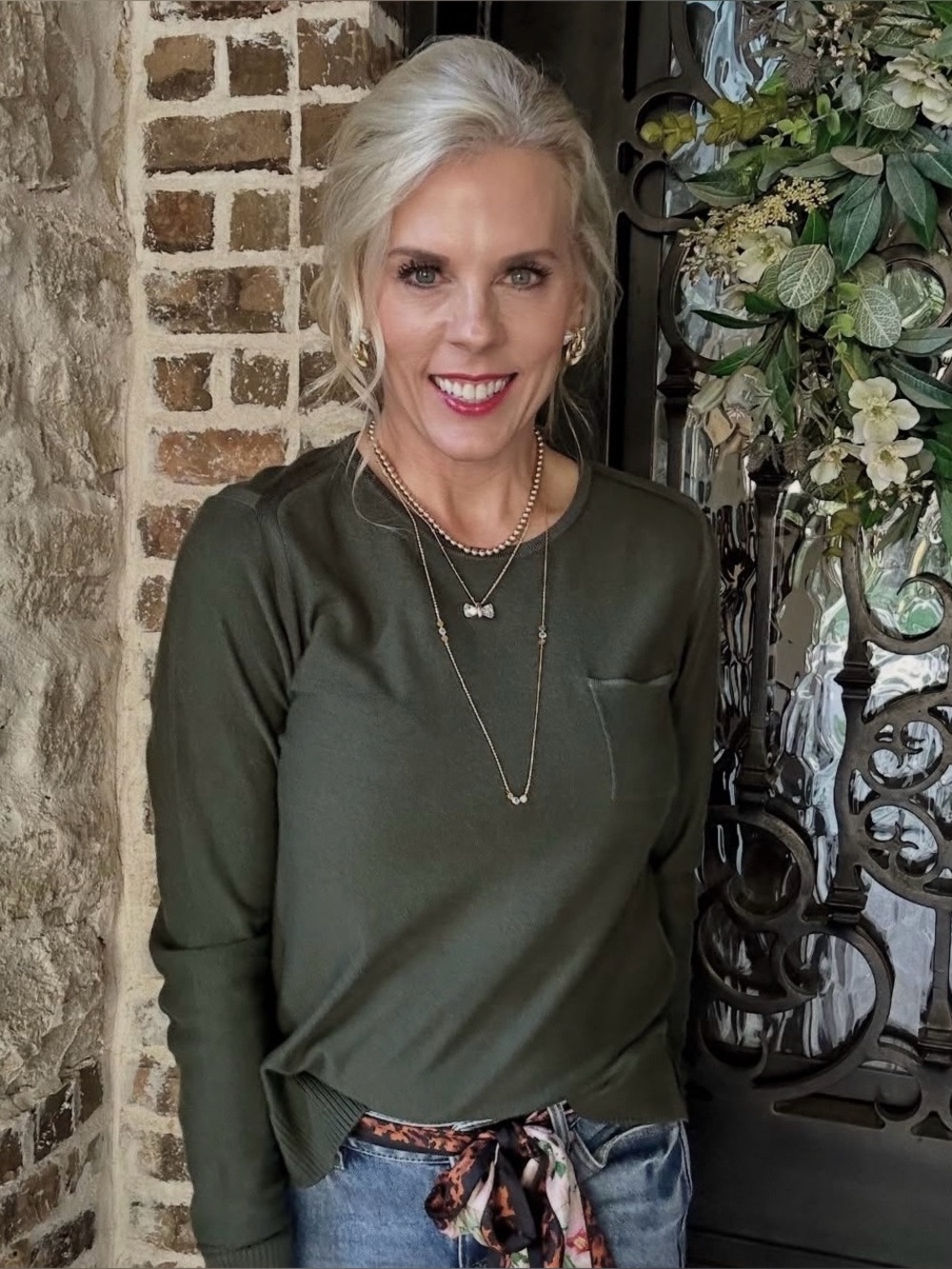 CAbi Sweater Tee - Olive Green Long Sleeve Pocket Crew